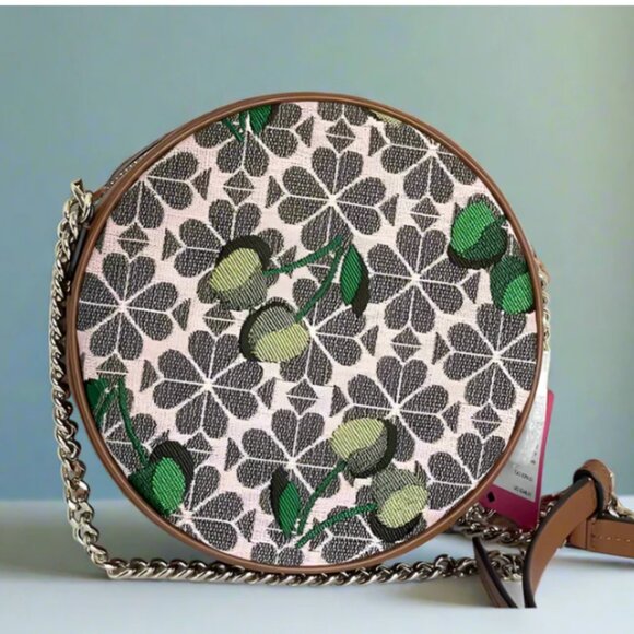 Kate Spade Cherry Jacquard Canteen Round Crossbody Brown Floral Leather - Picture 1 of 13